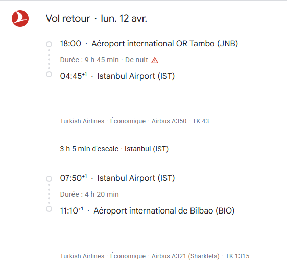 VOS VOLS TURKISH AIRLINES de BILBAO du 4 au 13 avril 2027 - Vol retour