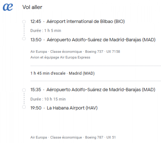 VOS VOLS * AIR EUROPA DU 16 au 27 JANVIER 2027 DE BILBAO - Vol aller