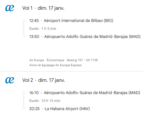 VOS VOLS * AIR EUROPA DU 17 au 28 JANVIER 2027 DE BILBAO - Vol aller