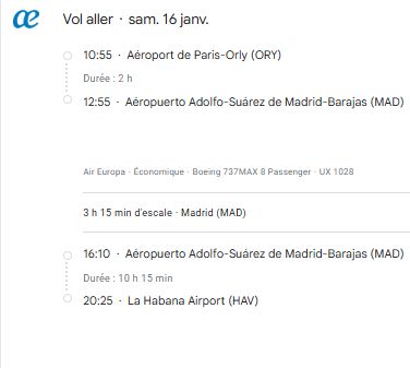 VOS VOLS * AIR EUROPA DU 16 au 27 JANVIER 2027 DE PARIS - Vol aller