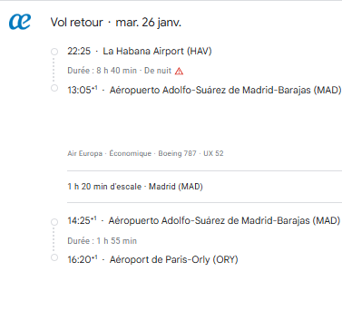 VOS VOLS * AIR EUROPA DU 16 au 27 JANVIER 2027 DE PARIS - Vol retour