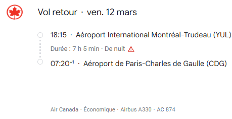 VOS VOLS* AIR CANADA DE PARIS CDG du 5 au 13 mars 2027 - Vol retour
