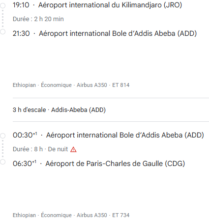 VOS VOLS* ETHIPIAN de PARIS - Vol retour