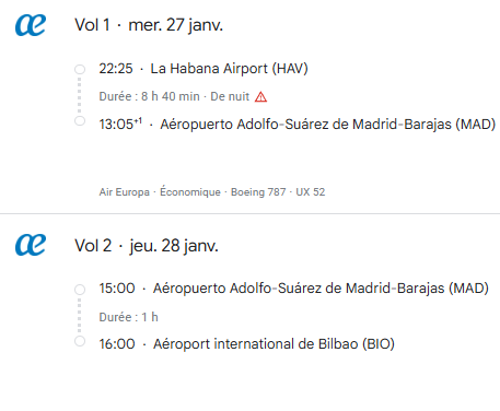 VOS VOLS * AIR EUROPA DU 17 au 28 JANVIER 2027 DE BILBAO - Vol retour