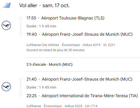 VOS VOLS LUFTHANSA* de TOULOUSE - Vol aller