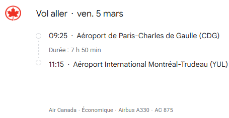 VOS VOLS* AIR CANADA DE PARIS CDG du 5 au 13 mars 2027 - Vol aller