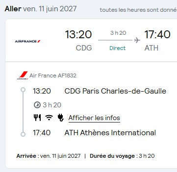 VOS VOLS AIR FRANCE * DIRECTS DE PARIS du 11 au 19 juin 2027 - Vol aller