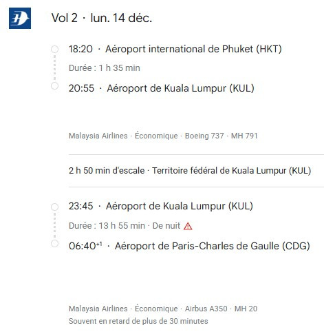 VOS VOLS* MALAYSIA AIRLINES de PARIS du 5 au 15 décembre 2026 - Vol retour