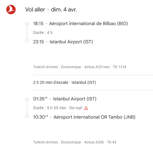 VOS VOLS TURKISH AIRLINES de BILBAO du 4 au 13 avril 2027 - Vol aller