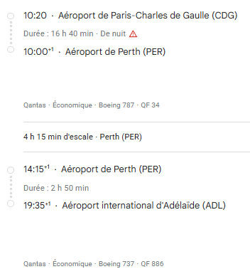 VOS VOLS QANTAS* de PARIS - Vol aller