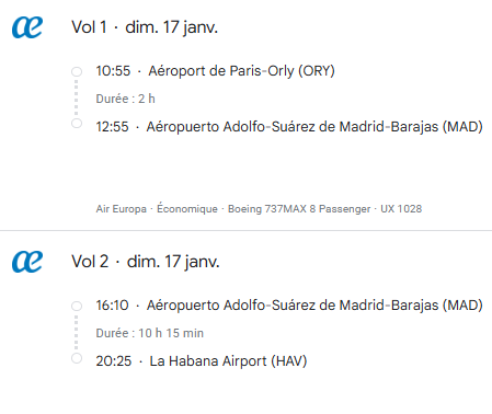 VOS VOLS * AIR EUROPA DU 17 au 28 JANVIER 2027 DE PARIS - Vol retour