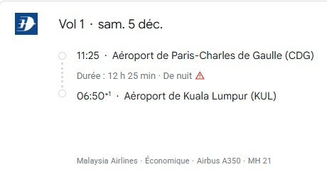 VOS VOLS* MALAYSIA AIRLINES de PARIS du 5 au 15 décembre 2026 - Vol aller