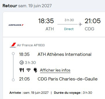 VOS VOLS AIR FRANCE * DIRECTS DE PARIS du 11 au 19 juin 2027 - Vol retour