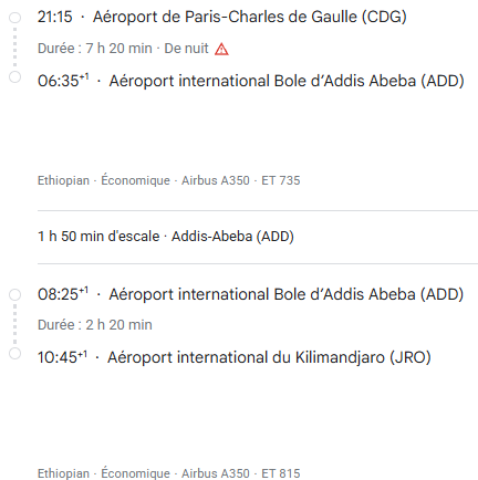 VOS VOLS* ETHIPIAN de PARIS - Vol aller