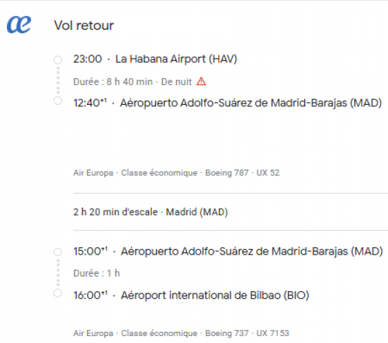 VOS VOLS * AIR EUROPA DU 16 au 27 JANVIER 2027 DE BILBAO - Vol retour